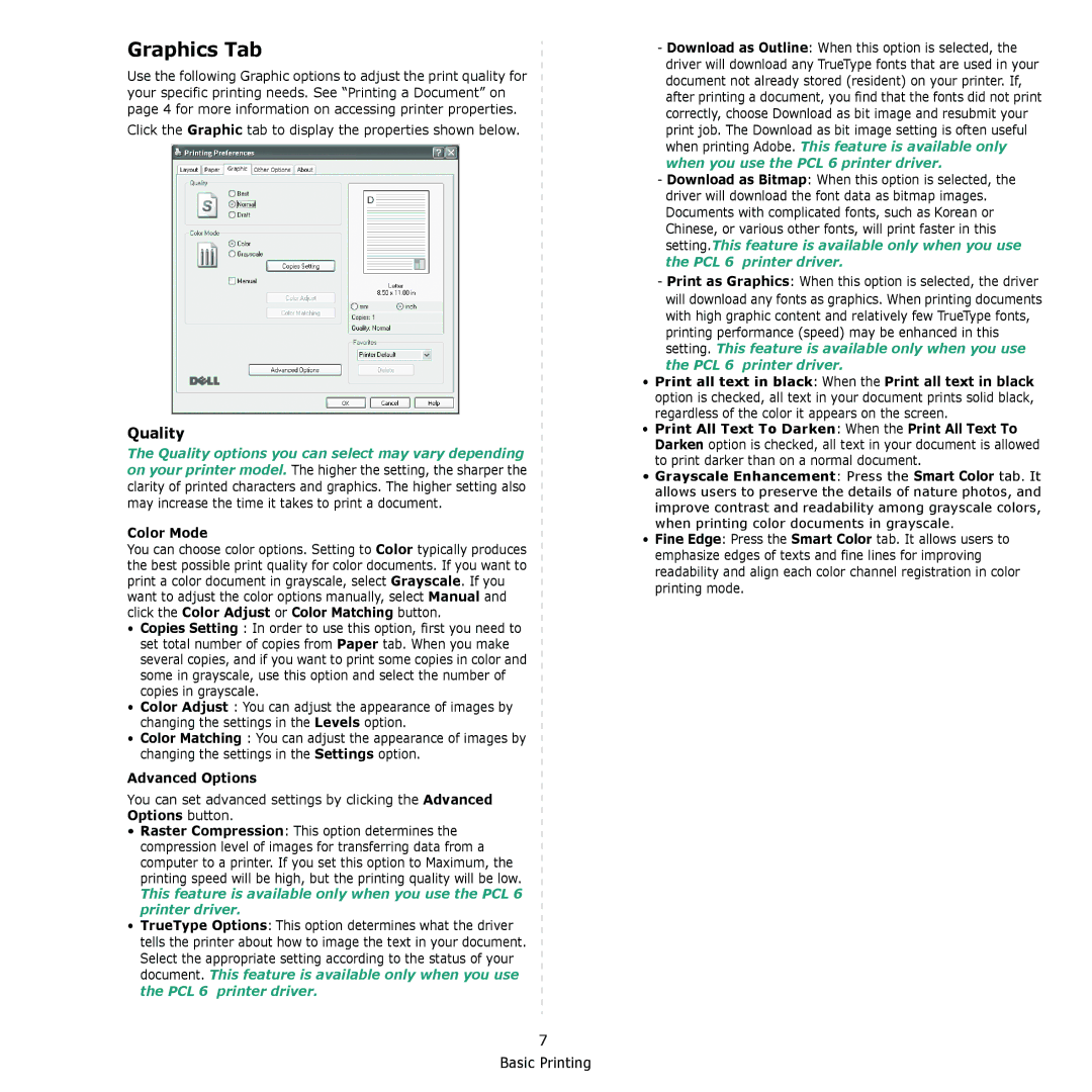 Dell 2145cn manual Graphics Tab, Quality, Color Mode, Advanced Options 