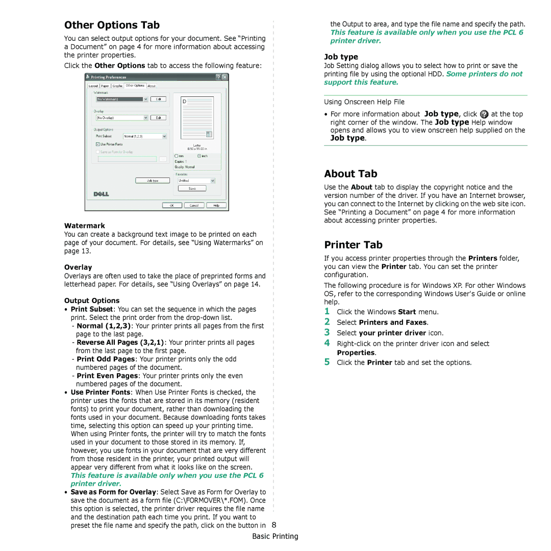 Dell 2145cn manual Other Options Tab, About Tab, Printer Tab, Job type 