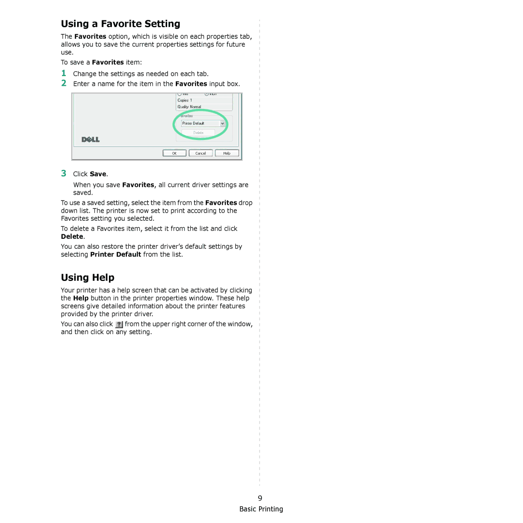 Dell 2145cn manual Using a Favorite Setting, Using Help 