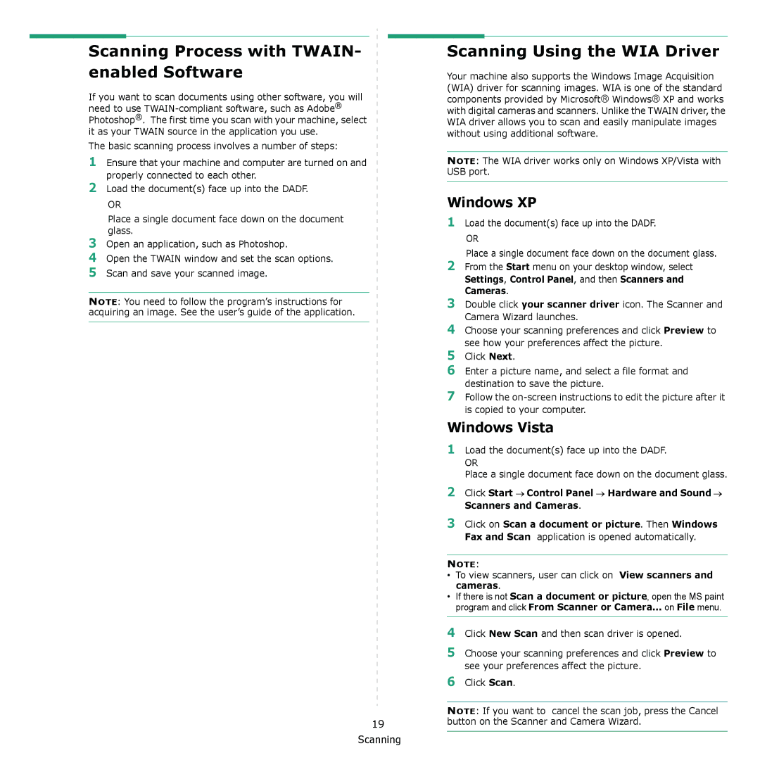 Dell 2145cn manual Scanning Process with TWAIN- enabled Software, Scanning Using the WIA Driver, Windows XP, Windows Vista 