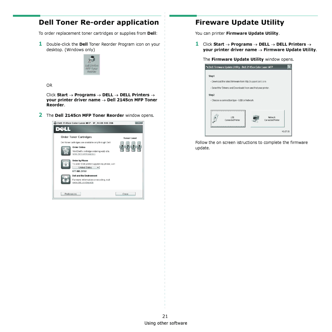 Dell 2145cn manual Dell Toner Re-order application, Fireware Update Utility, You can printer Firmware Update Utility 