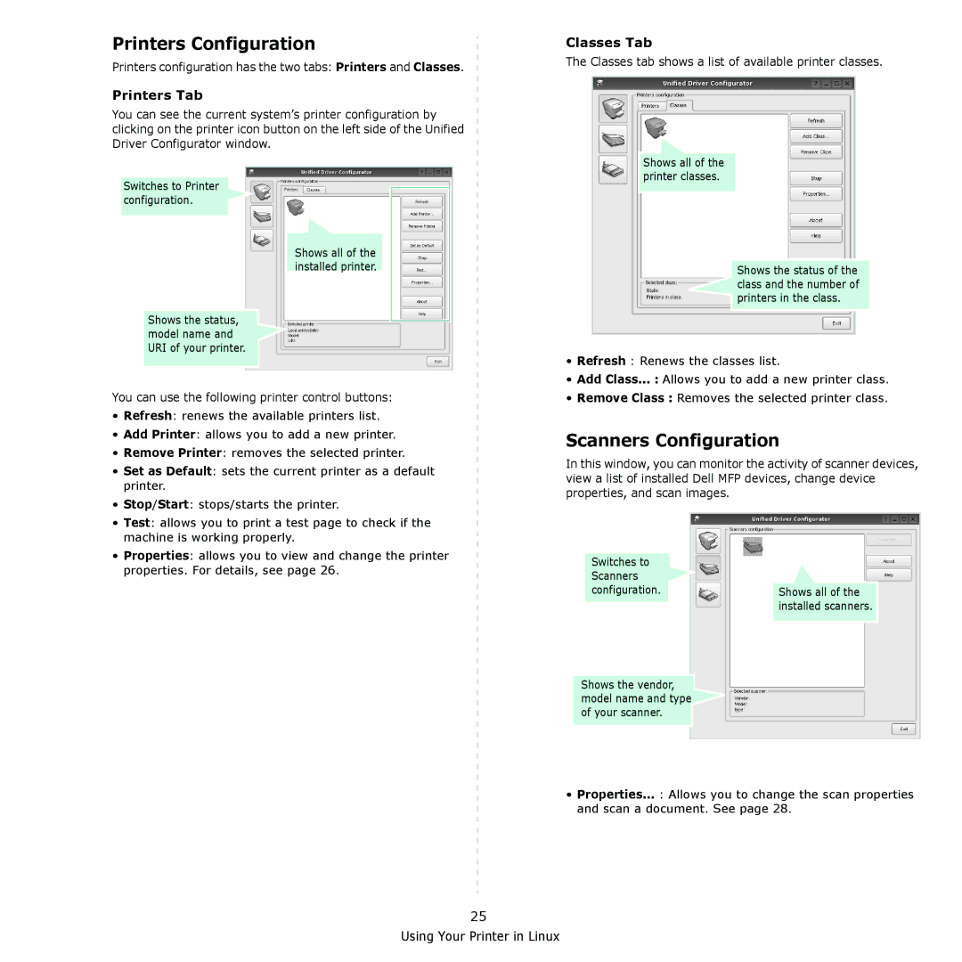 Dell 2145cn manual Printers Configuration, Scanners Configuration, Printers Tab, Classes Tab 