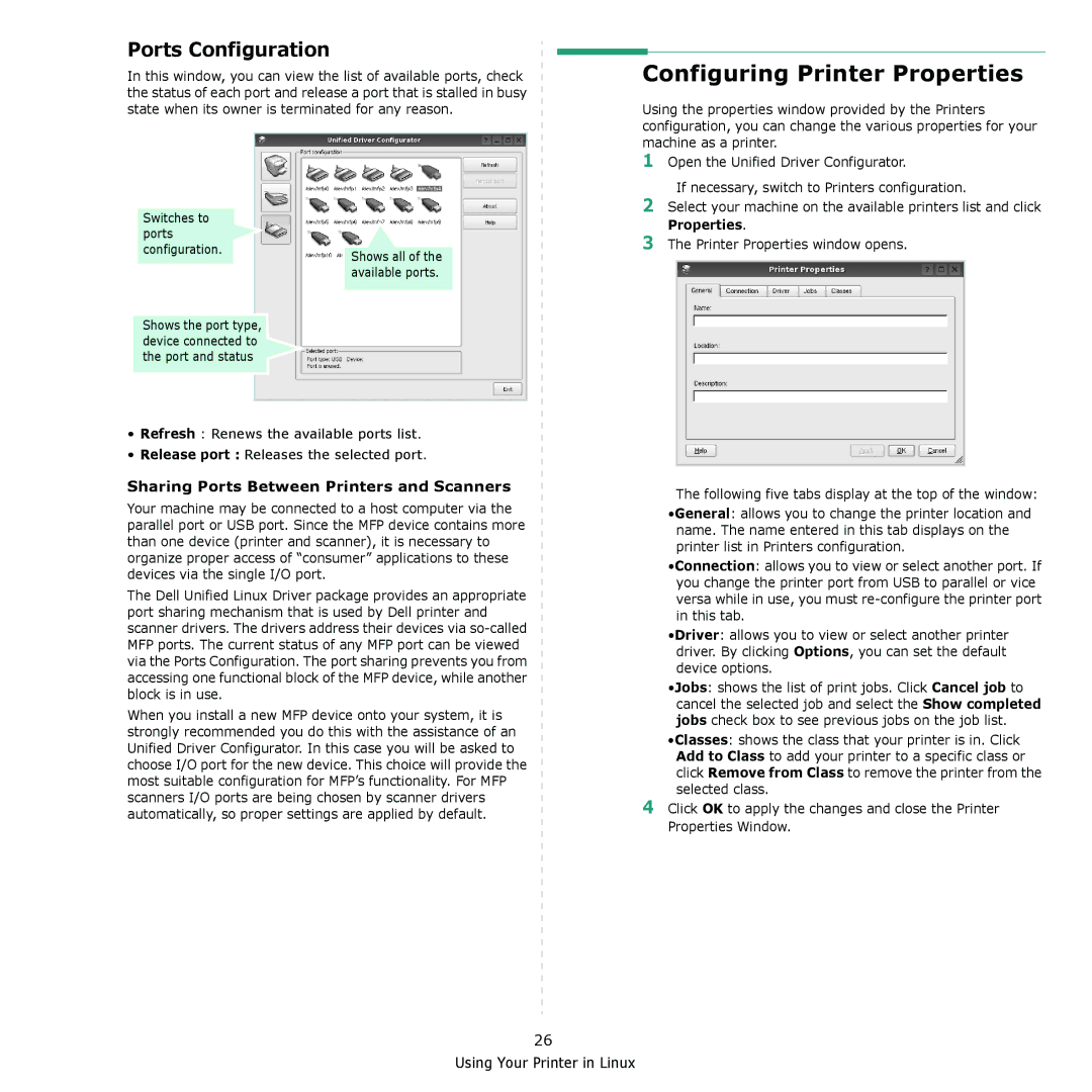 Dell 2145cn manual Configuring Printer Properties, Ports Configuration, Sharing Ports Between Printers and Scanners 