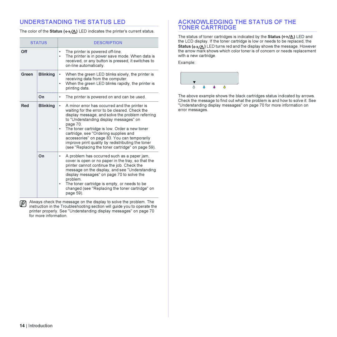 Dell 2145cn manual Understanding the Status LED, Acknowledging the Status of the Toner Cartridge, Status Description 