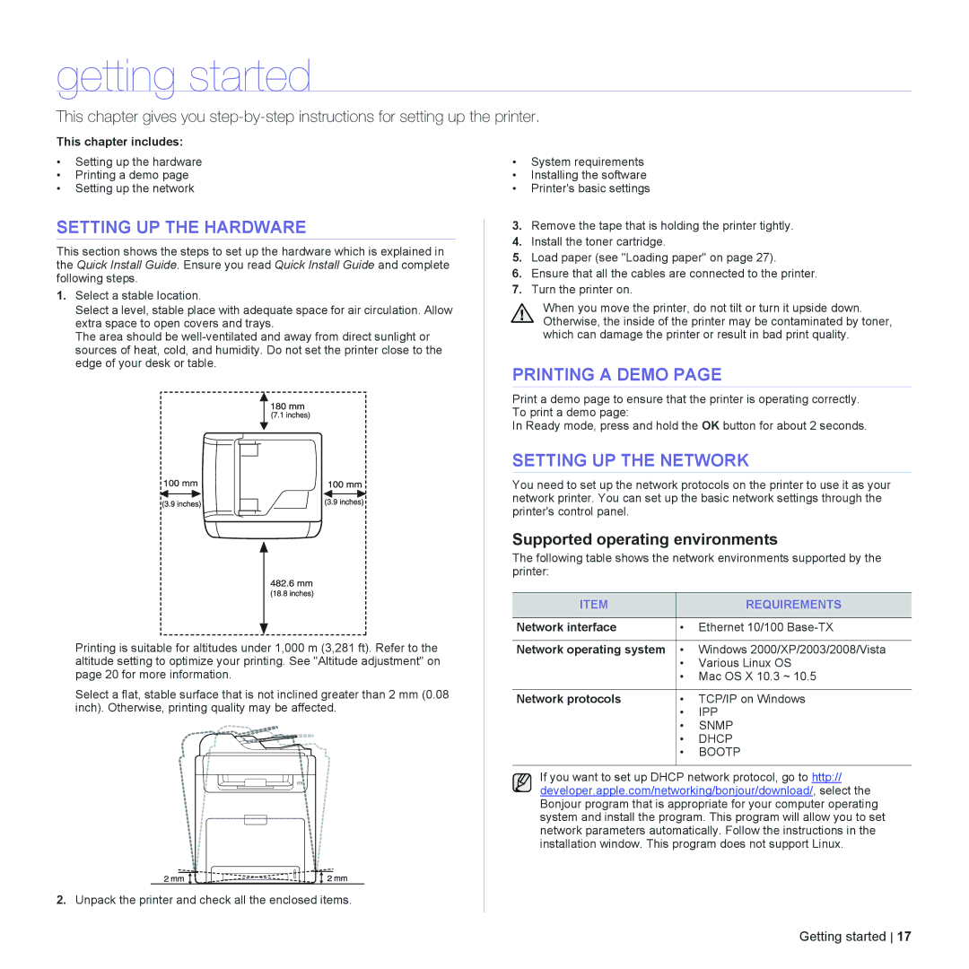 Dell 2145cn manual Getting started, Setting UP the Hardware, Printing a Demo, Setting UP the Network 