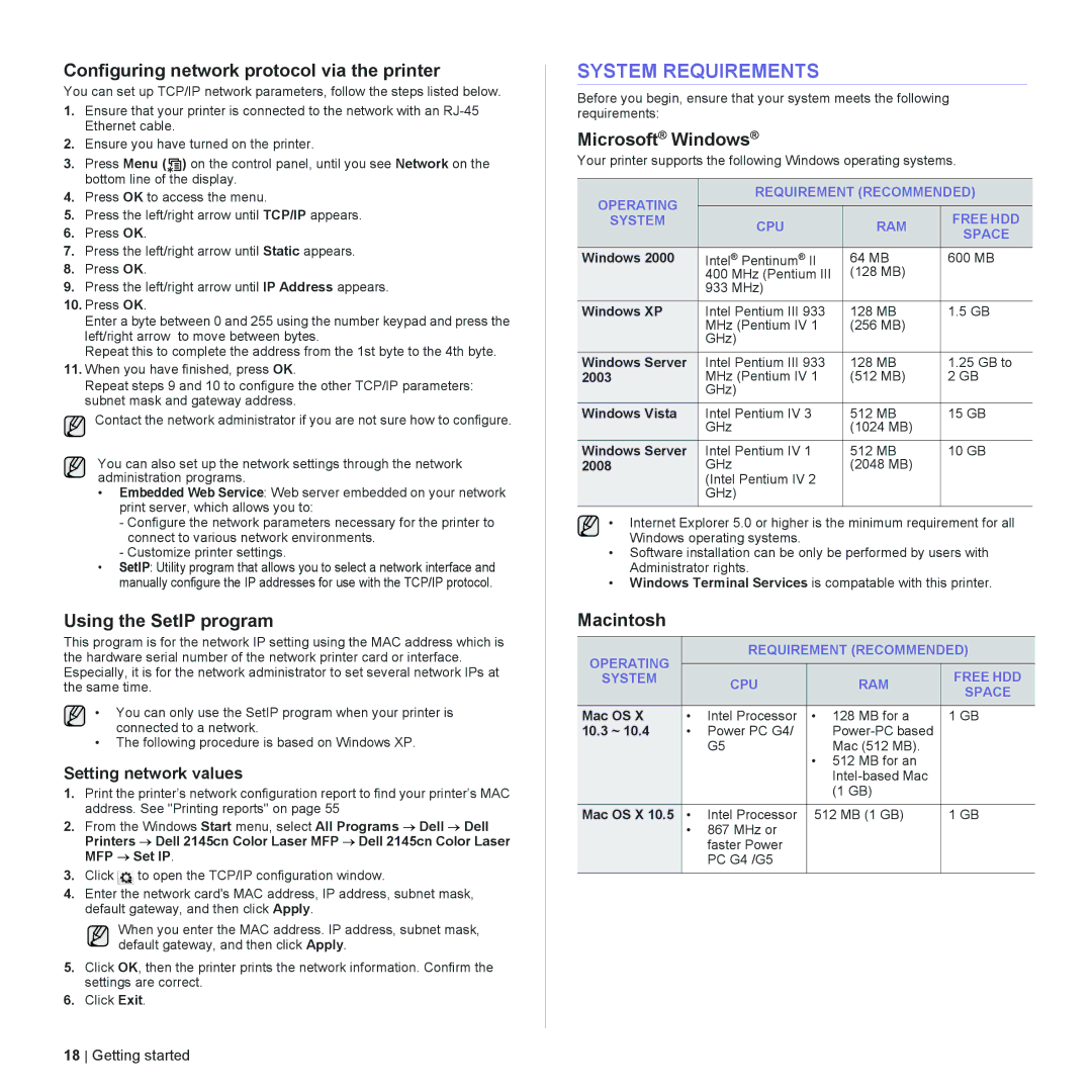 Dell 2145cn System Requirements, Configuring network protocol via the printer, Using the SetIP program, Microsoft Windows 