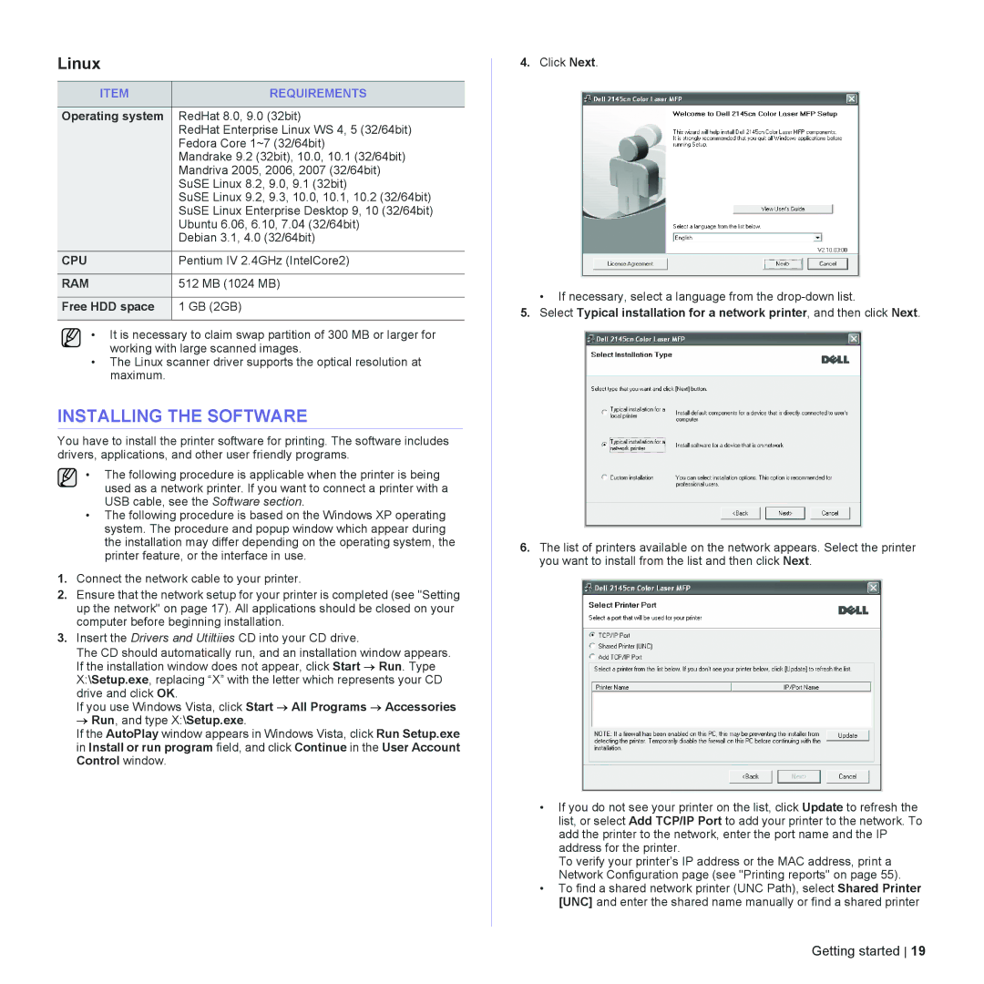 Dell 2145cn manual Installing the Software, Linux, Operating system, Free HDD space 