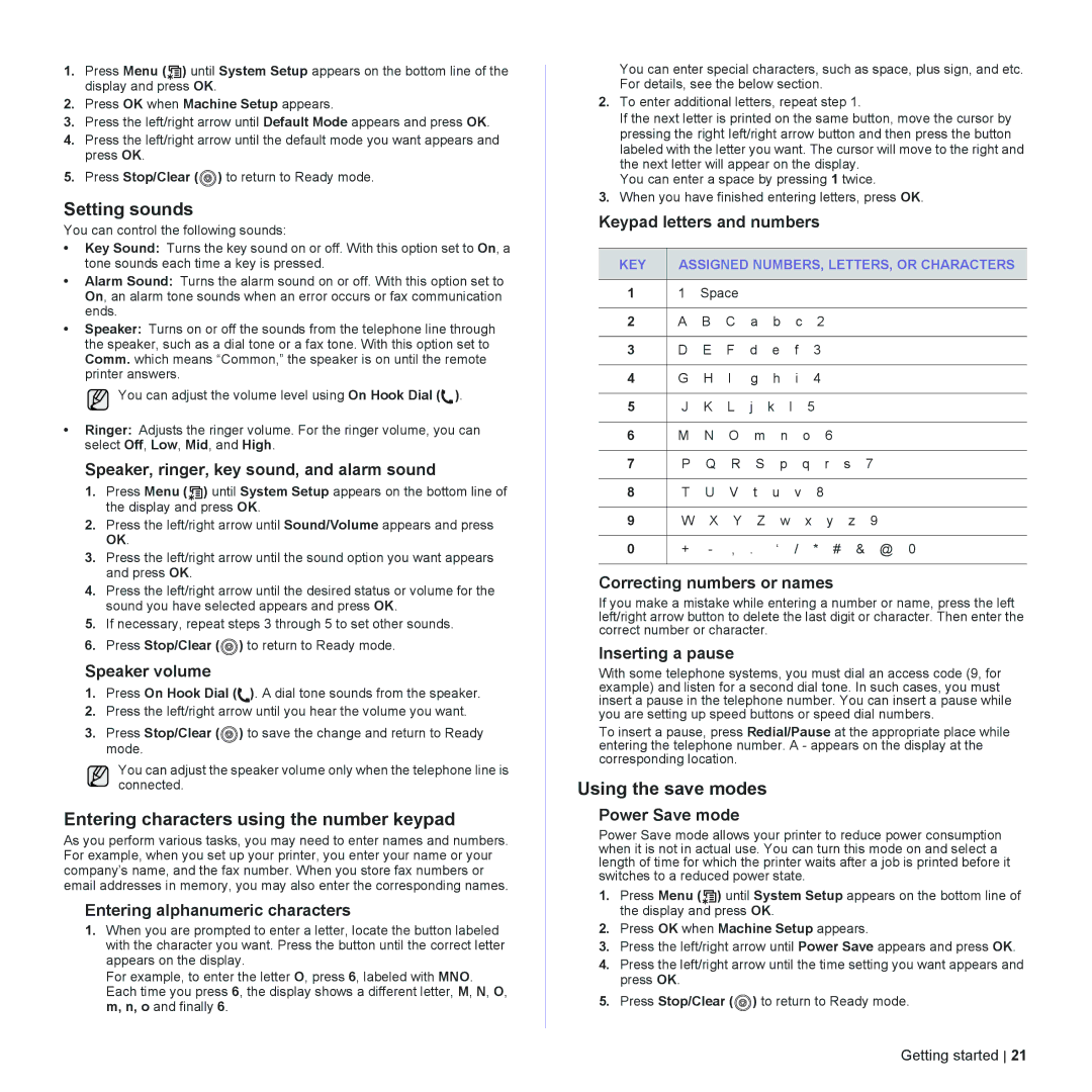 Dell 2145cn manual Setting sounds, Entering characters using the number keypad, Using the save modes 