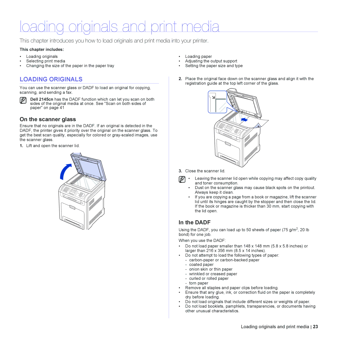 Dell 2145cn manual Loading originals and print media, Loading Originals, On the scanner glass, Dadf 