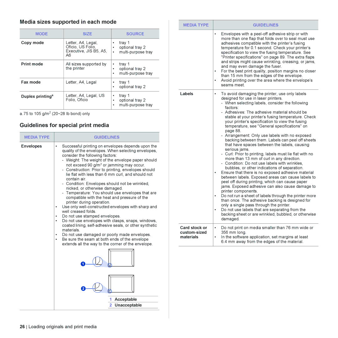 Dell 2145cn manual Media sizes supported in each mode, Guidelines for special print media, Mode Size Source 