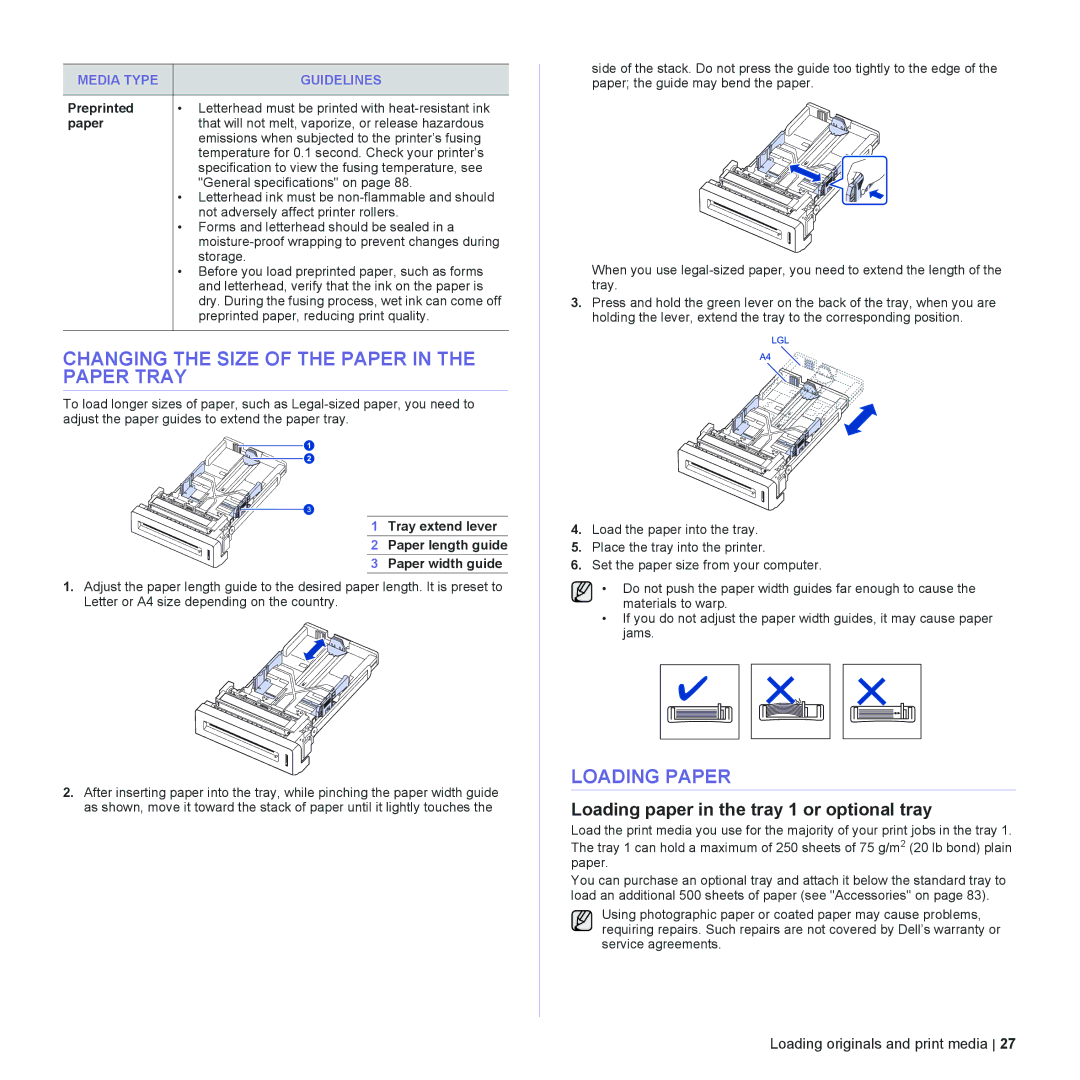 Dell 2145cn Changing the Size of the Paper in the Paper Tray, Loading Paper, Loading paper in the tray 1 or optional tray 