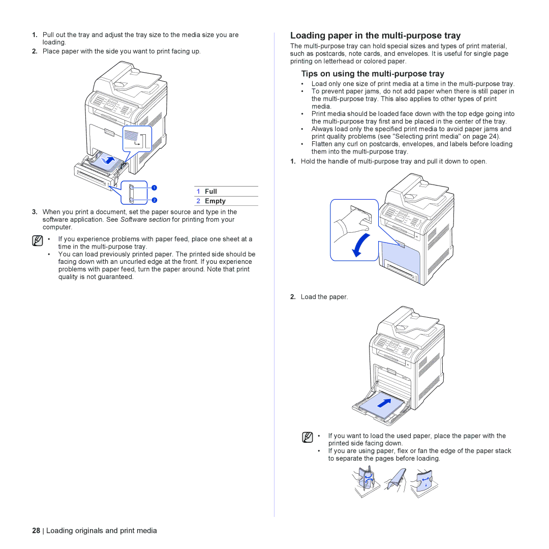 Dell 2145cn manual Loading paper in the multi-purpose tray, Tips on using the multi-purpose tray, Full, Empty 