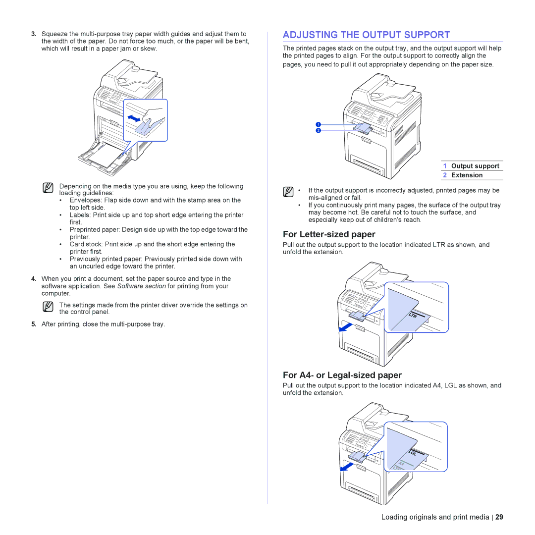 Dell 2145cn Adjusting the Output Support, For Letter-sized paper, For A4- or Legal-sized paper, Output support Extension 