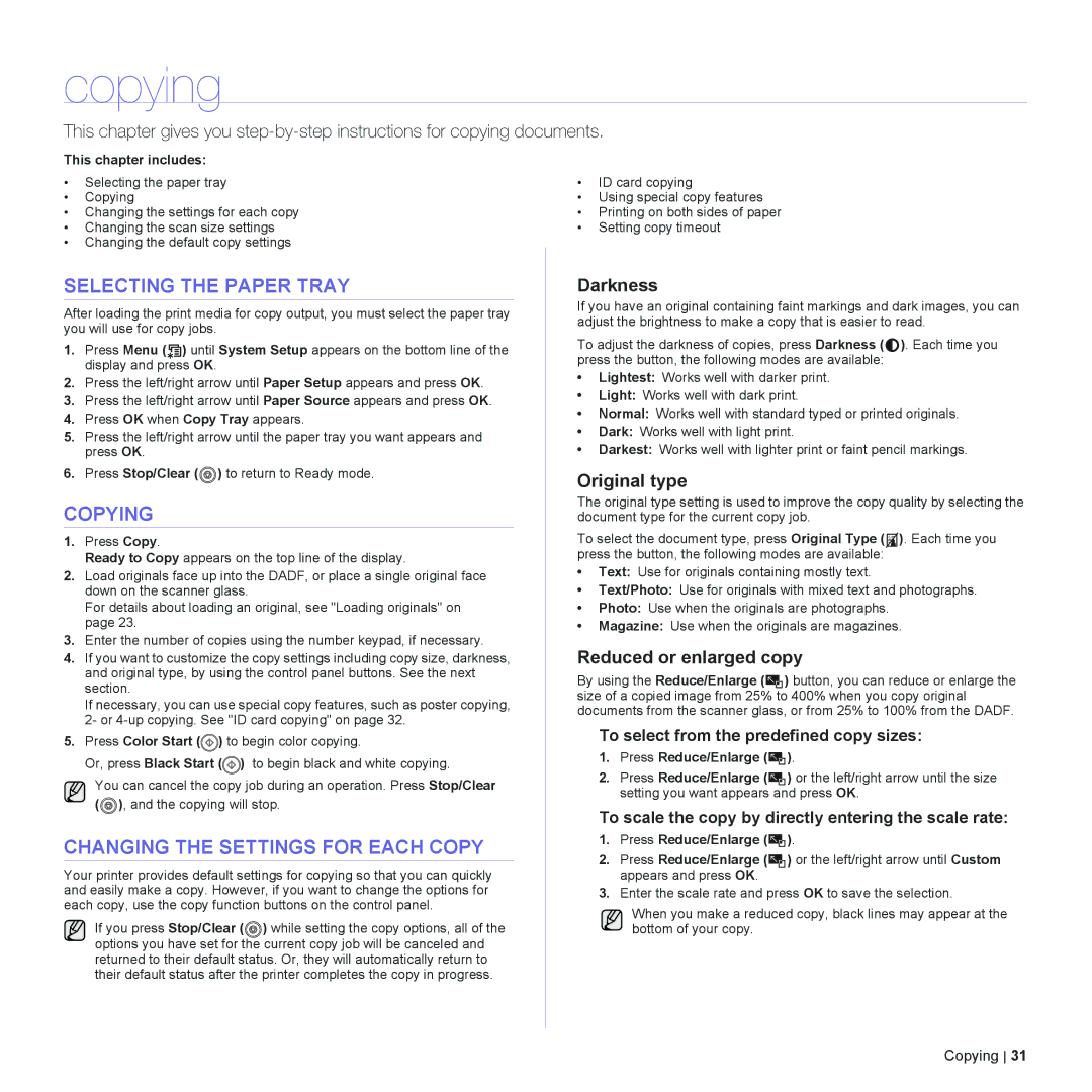 Dell 2145cn manual Copying, Selecting the Paper Tray, Changing the Settings for Each Copy 