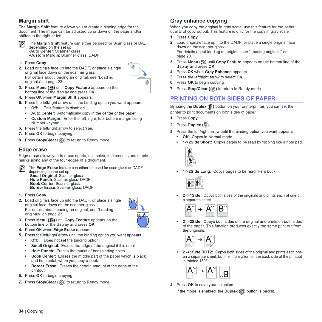 Dell 2145cn manual Printing on Both Sides of Paper, Margin shift, Edge erase, Gray enhance copying 