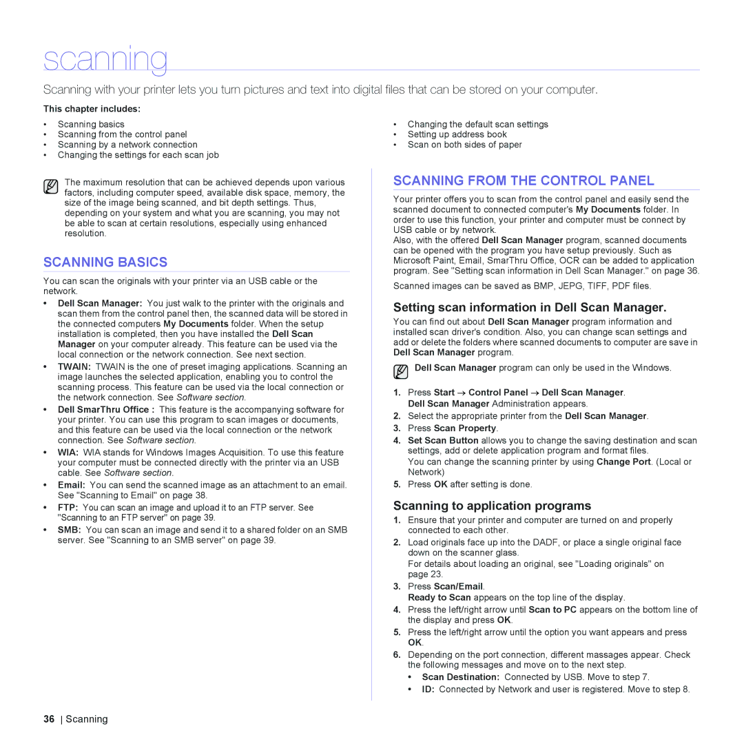 Dell 2145cn manual Scanning Basics, Scanning from the Control Panel, Setting scan information in Dell Scan Manager 