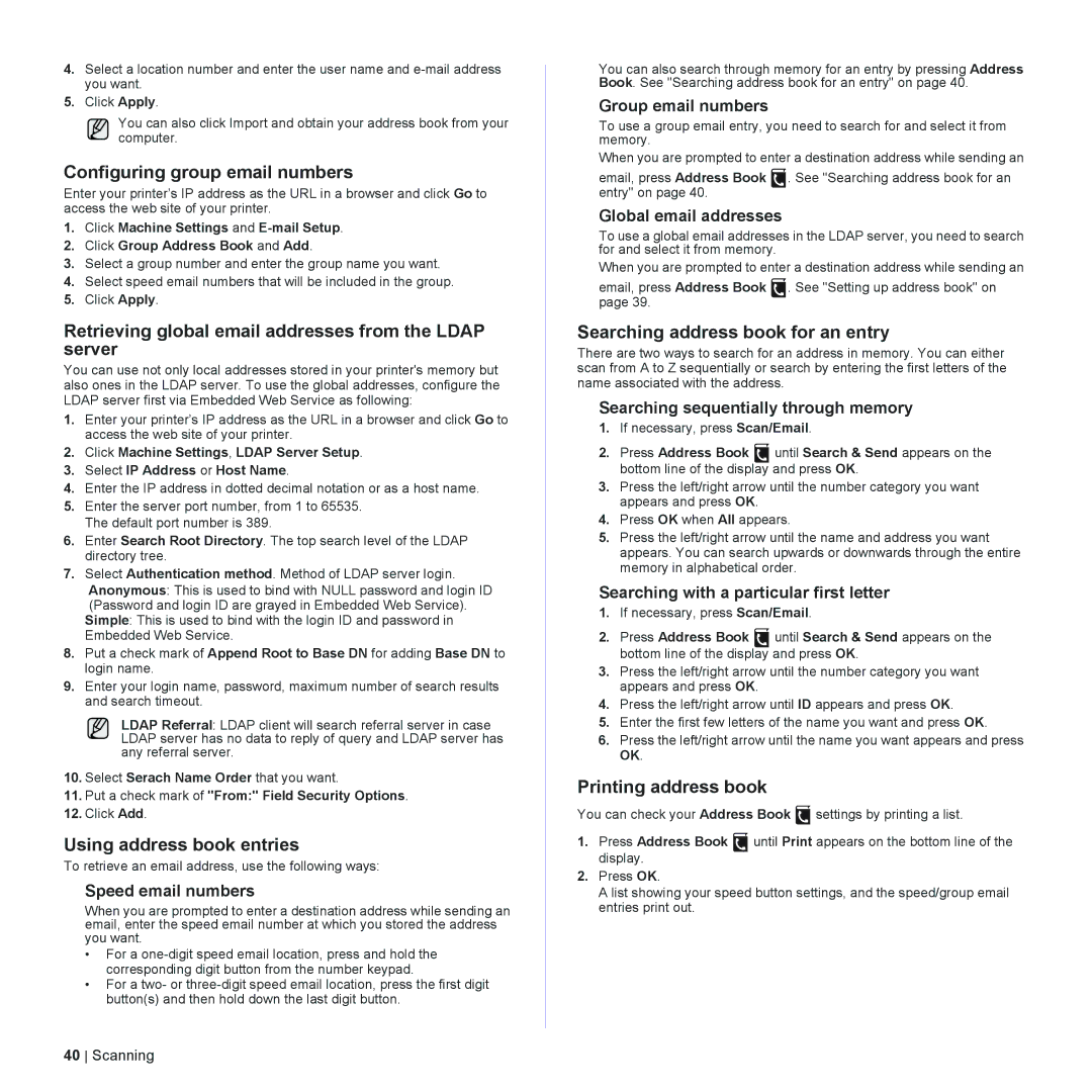 Dell 2145cn Configuring group email numbers, Retrieving global email addresses from the Ldap server, Printing address book 