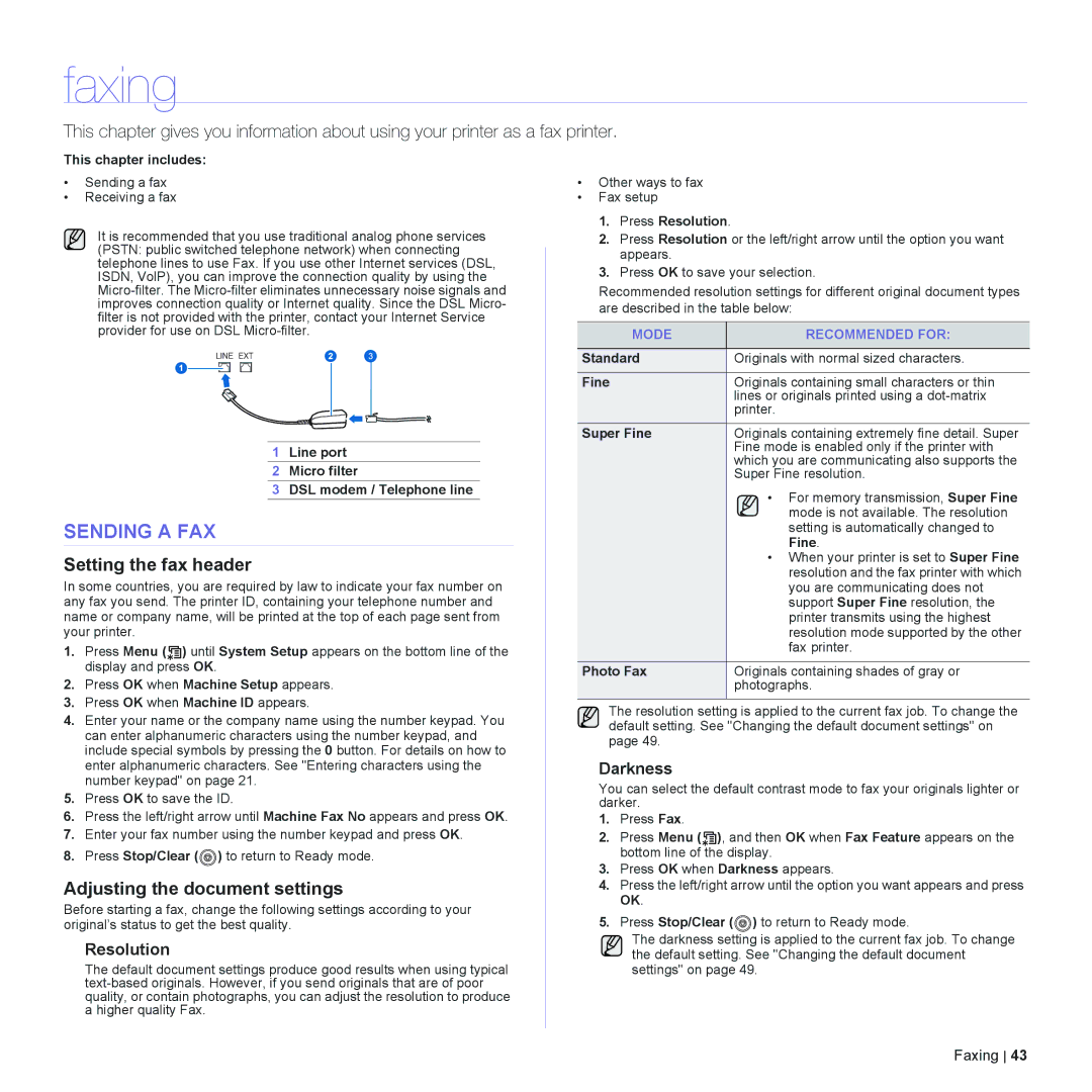 Dell 2145cn manual Faxing, Sending a FAX, Setting the fax header, Adjusting the document settings 