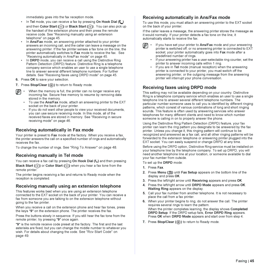 Dell 2145cn Receiving automatically in Fax mode, Receiving manually in Tel mode, Receiving automatically in Ans/Fax mode 