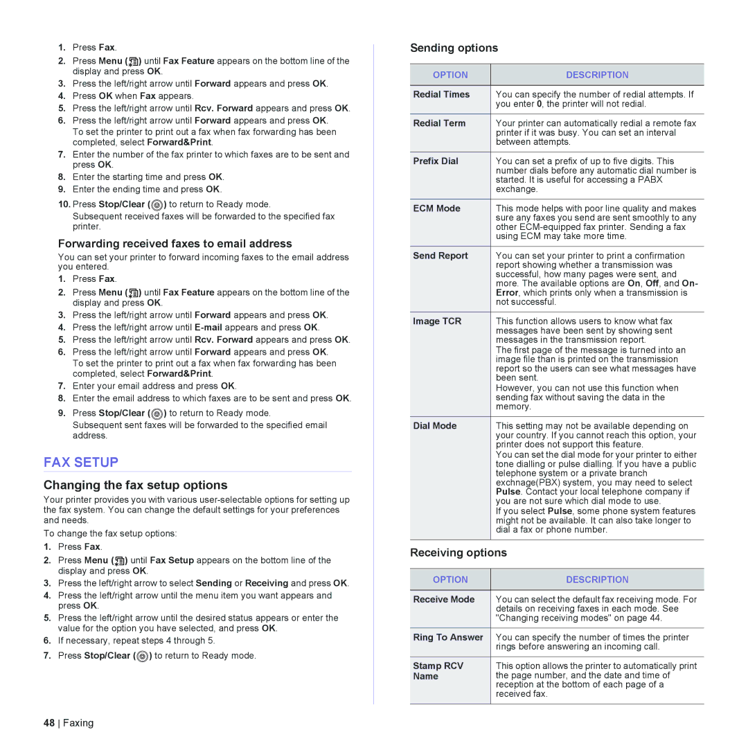 Dell 2145cn manual FAX Setup, Changing the fax setup options, Forwarding received faxes to email address, Sending options 