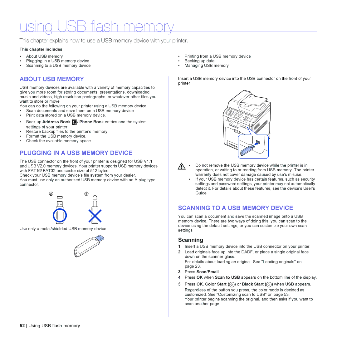 Dell 2145cn Using USB flash memory, About USB Memory, Plugging in a USB Memory Device, Scanning to a USB Memory Device 