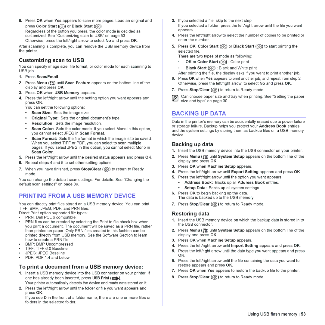 Dell 2145cn manual Printing from a USB Memory Device, Backing UP Data 