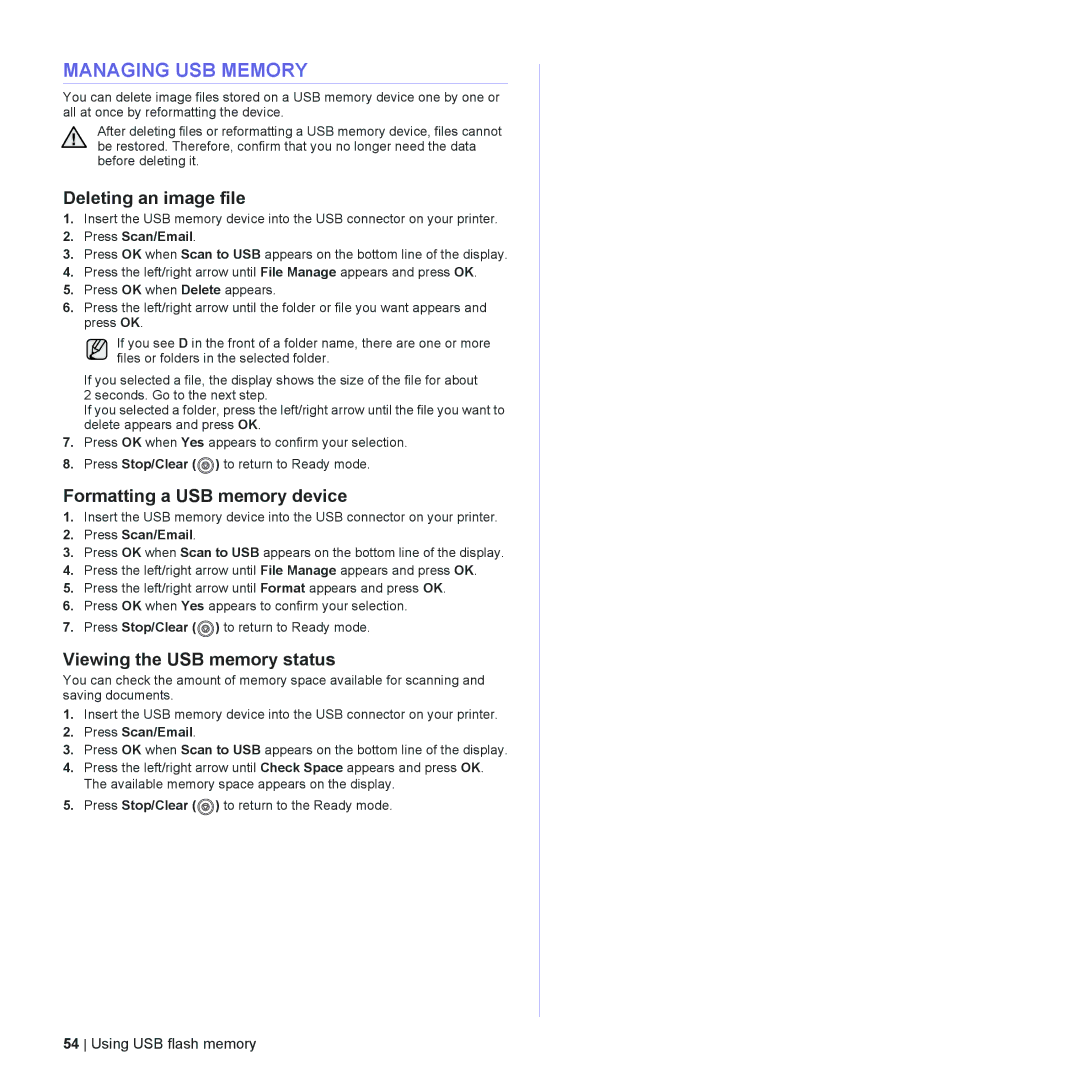 Dell 2145cn Managing USB Memory, Deleting an image file, Formatting a USB memory device, Viewing the USB memory status 