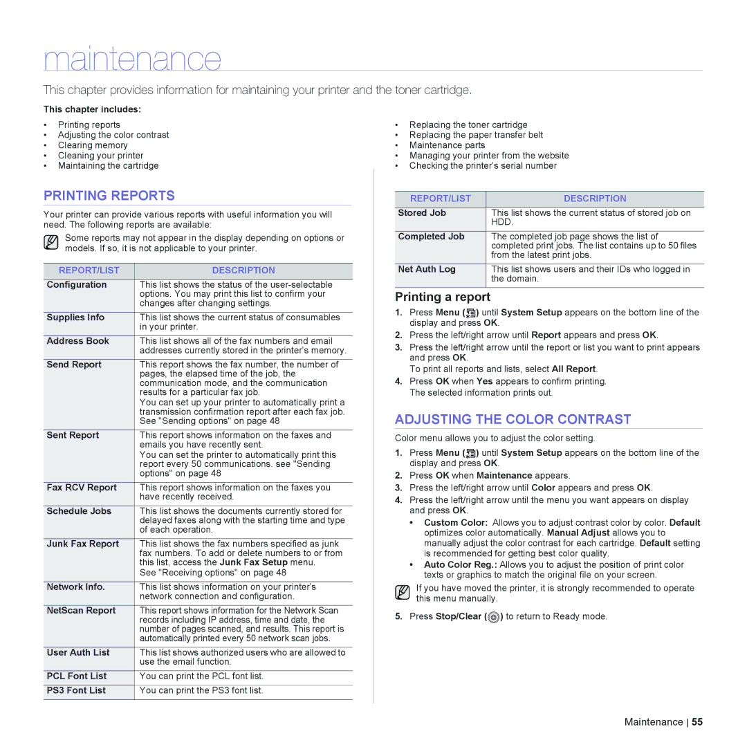 Dell 2145cn manual Maintenance, Printing Reports, Adjusting the Color Contrast, Printing a report, REPORT/LIST Description 