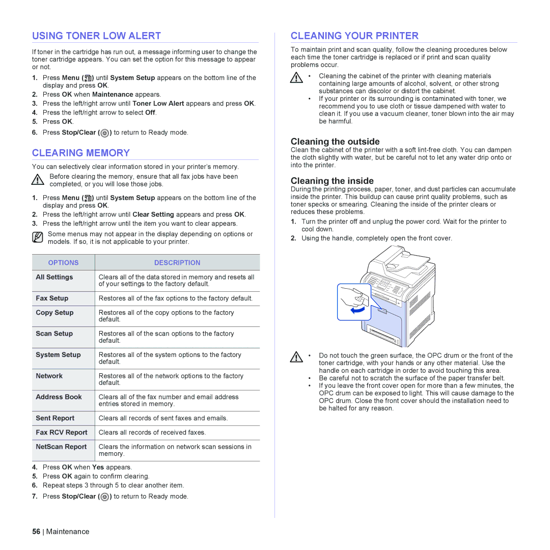 Dell 2145cn manual Using Toner LOW Alert, Clearing Memory, Cleaning Your Printer, Cleaning the outside, Cleaning the inside 