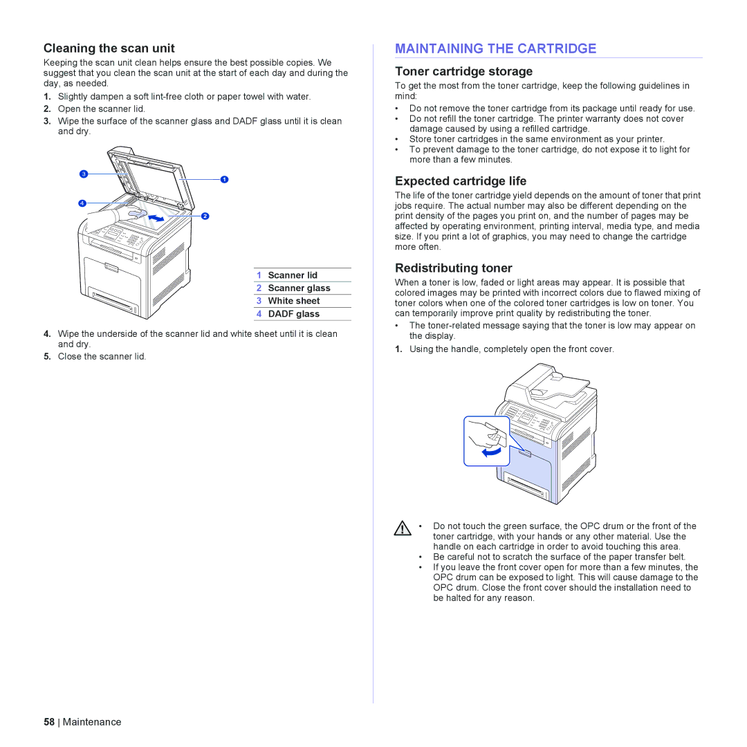 Dell 2145cn manual Maintaining the Cartridge, Cleaning the scan unit, Toner cartridge storage, Expected cartridge life 