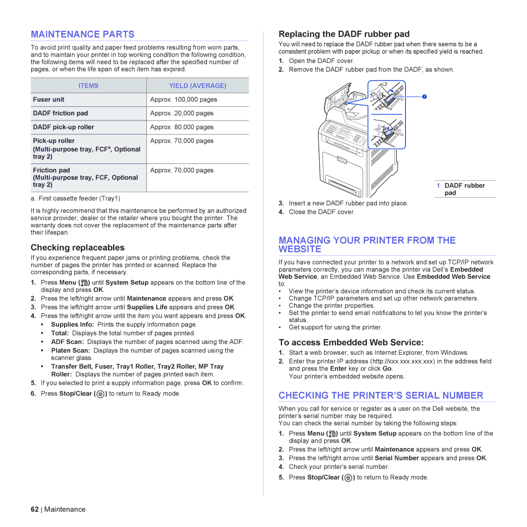 Dell 2145cn manual Maintenance Parts, Managing Your Printer from the Website, Checking the PRINTER’S Serial Number 