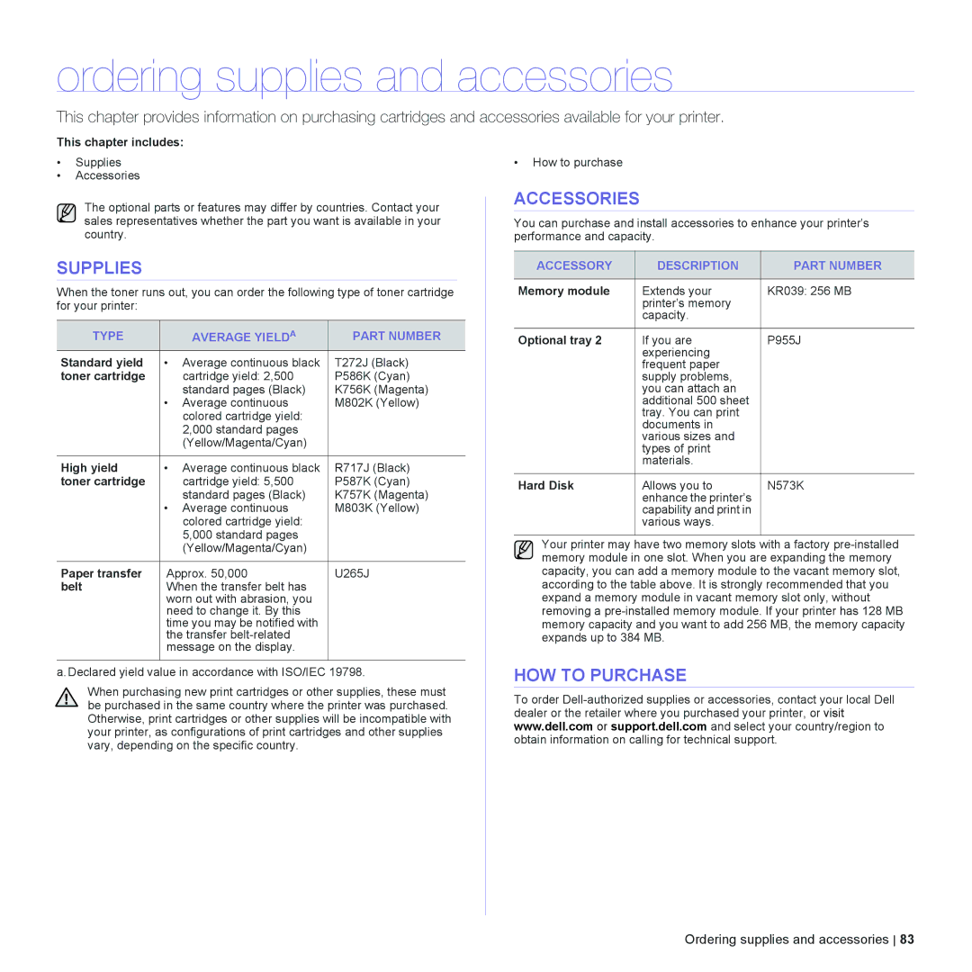 Dell 2145cn manual Ordering supplies and accessories, Supplies, Accessories, HOW to Purchase 