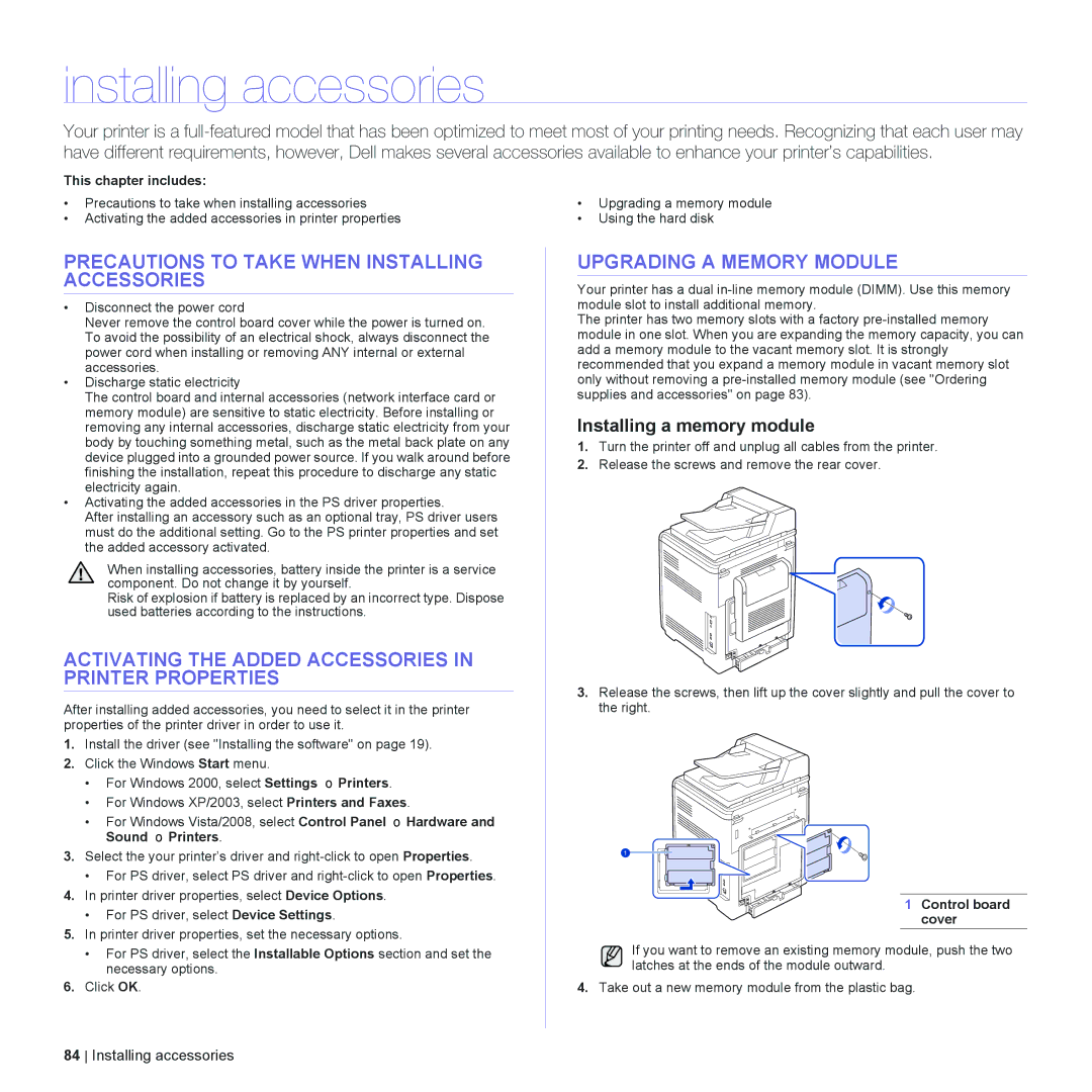 Dell 2145cn manual Installing accessories, Precautions to Take When Installing Accessories, Upgrading a Memory Module 