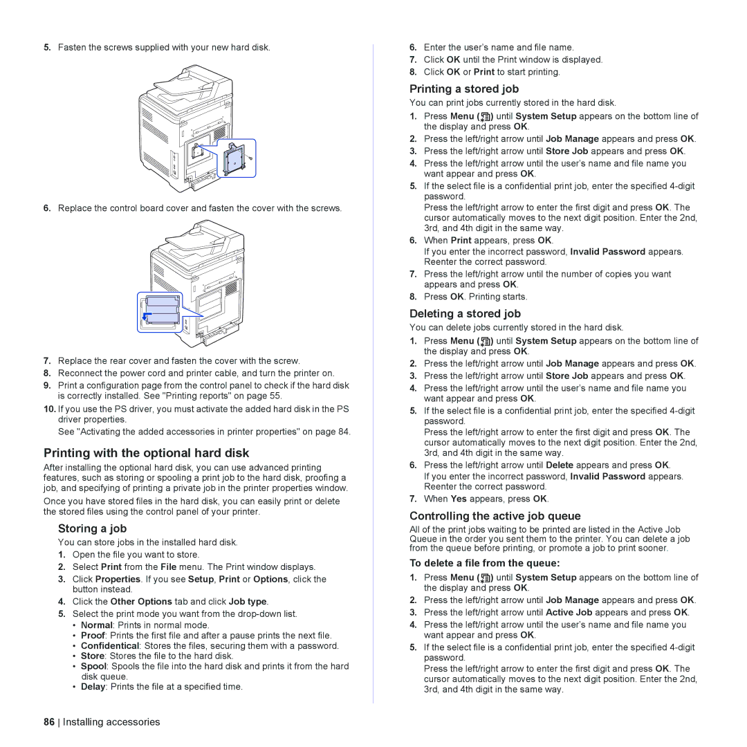 Dell 2145cn manual Printing with the optional hard disk, Storing a job, Printing a stored job, Deleting a stored job 