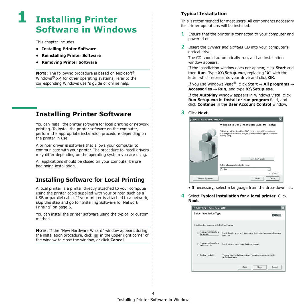 Dell 2145cn manual Installing Printer Software in Windows, Installing Software for Local Printing, Typical Installation 