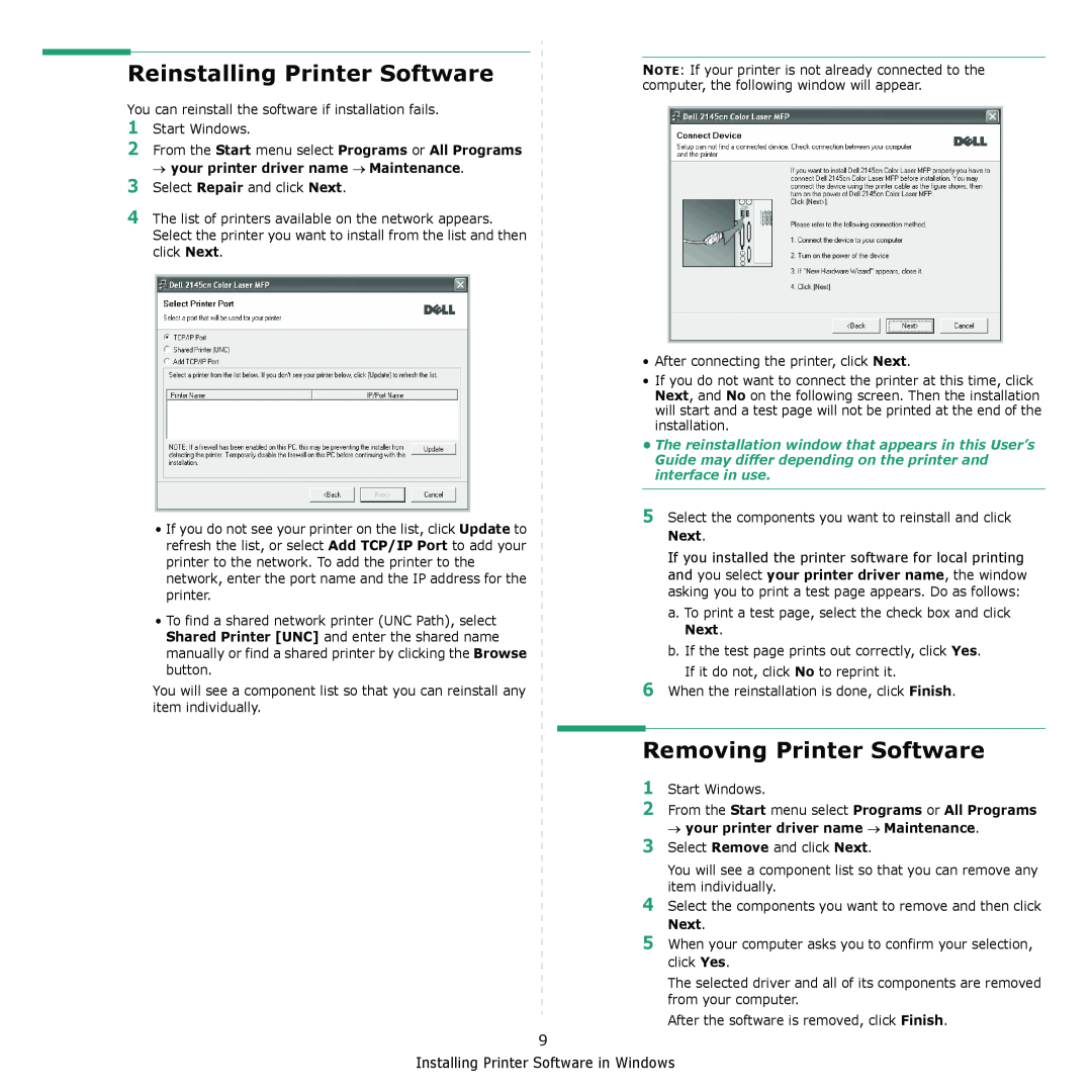 Dell 2145cn manual Reinstalling Printer Software, Removing Printer Software 