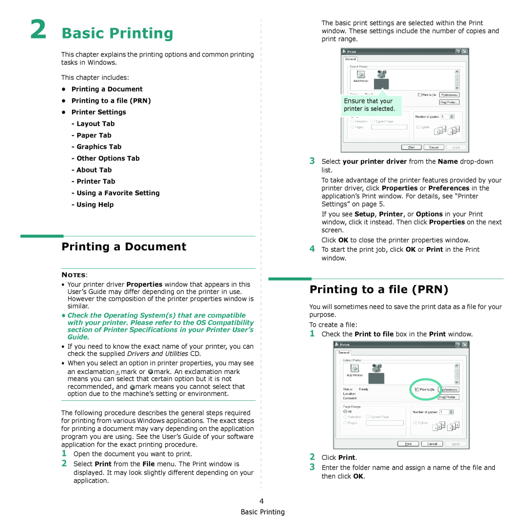 Dell 2145cn Basic Printing, Printing a Document, Printing to a file PRN, Printer Tab Using a Favorite Setting Using Help 