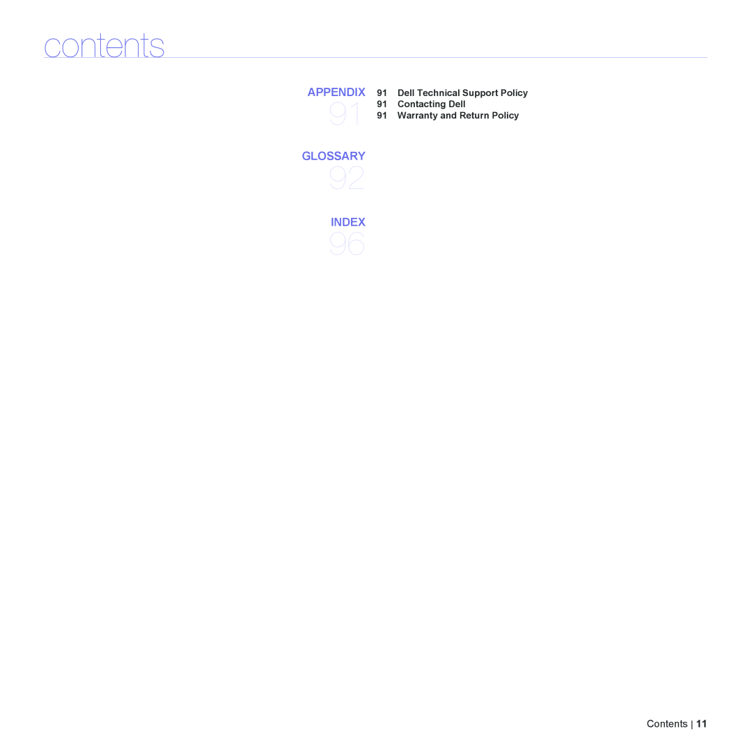 Dell 2145cn manual Glossary, Index, contents, Appendix 