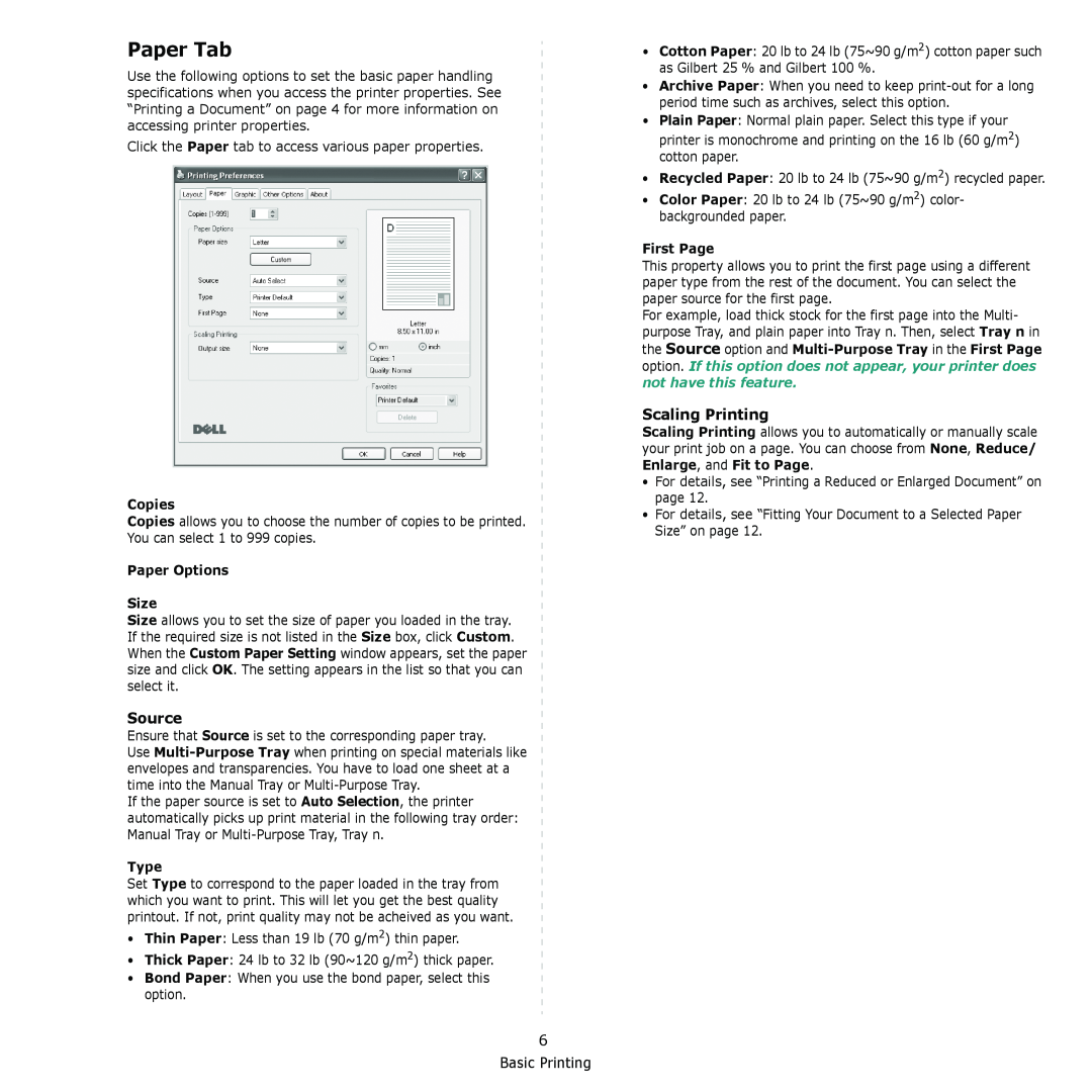 Dell 2145cn manual Paper Tab, Source, Scaling Printing, Copies, Paper Options Size, Type, First Page 