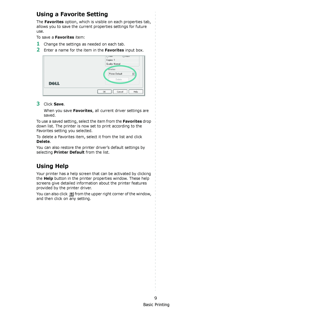 Dell 2145cn manual Using a Favorite Setting, Using Help, Basic Printing 