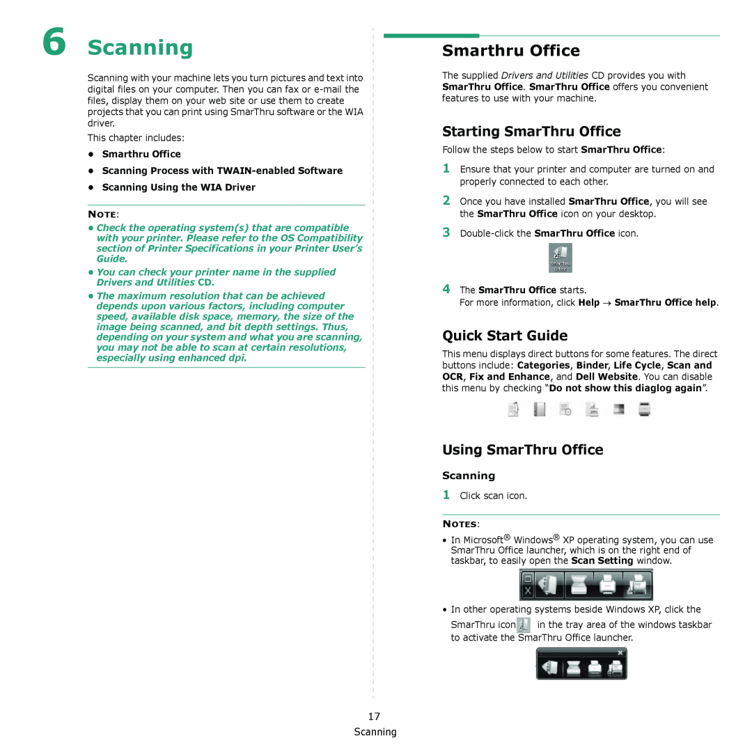 Dell 2145cn manual Scanning, Smarthru Office, Starting SmarThru Office, Quick Start Guide, Using SmarThru Office 