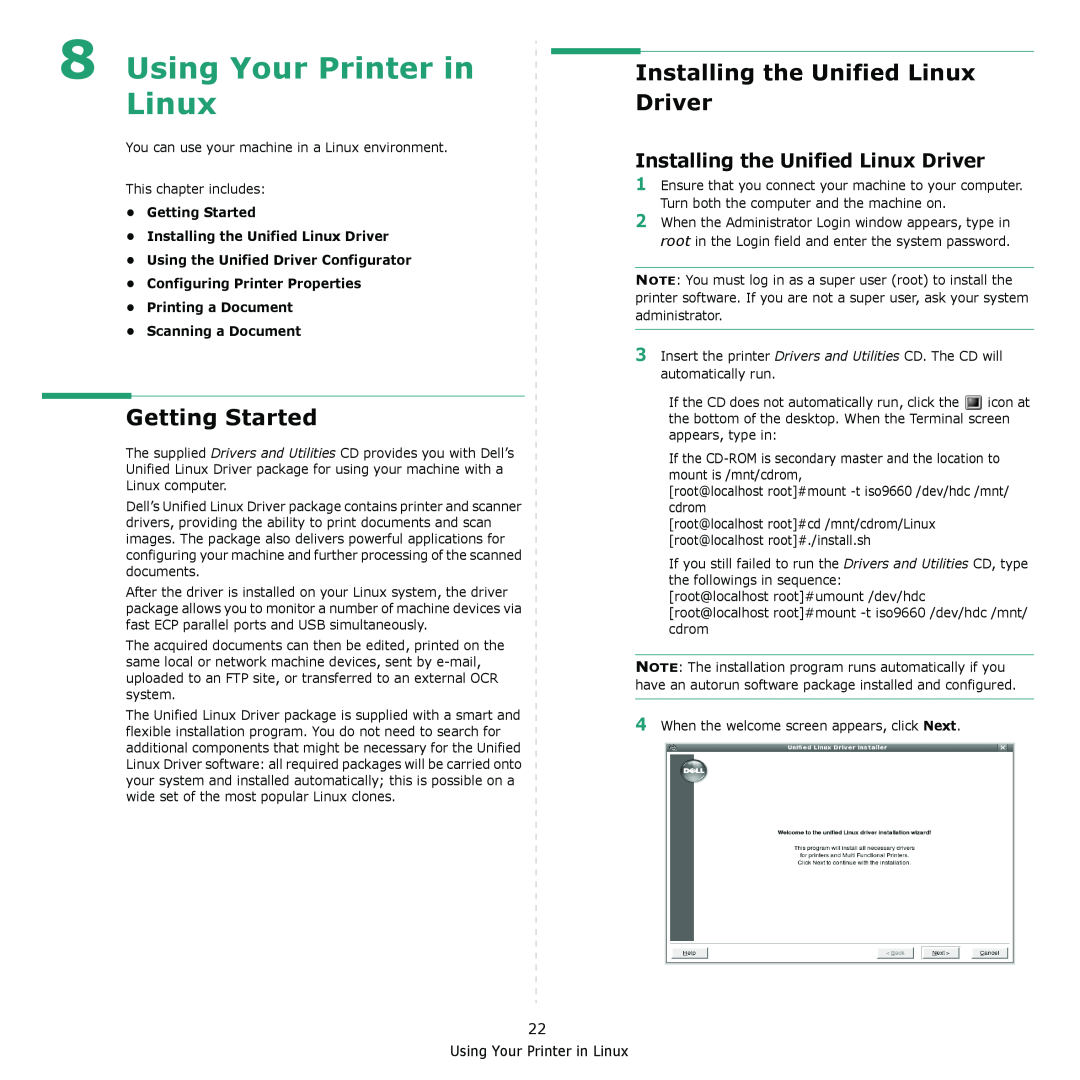 Dell 2145cn manual Using Your Printer in Linux, Getting Started, Installing the Unified Linux Driver 