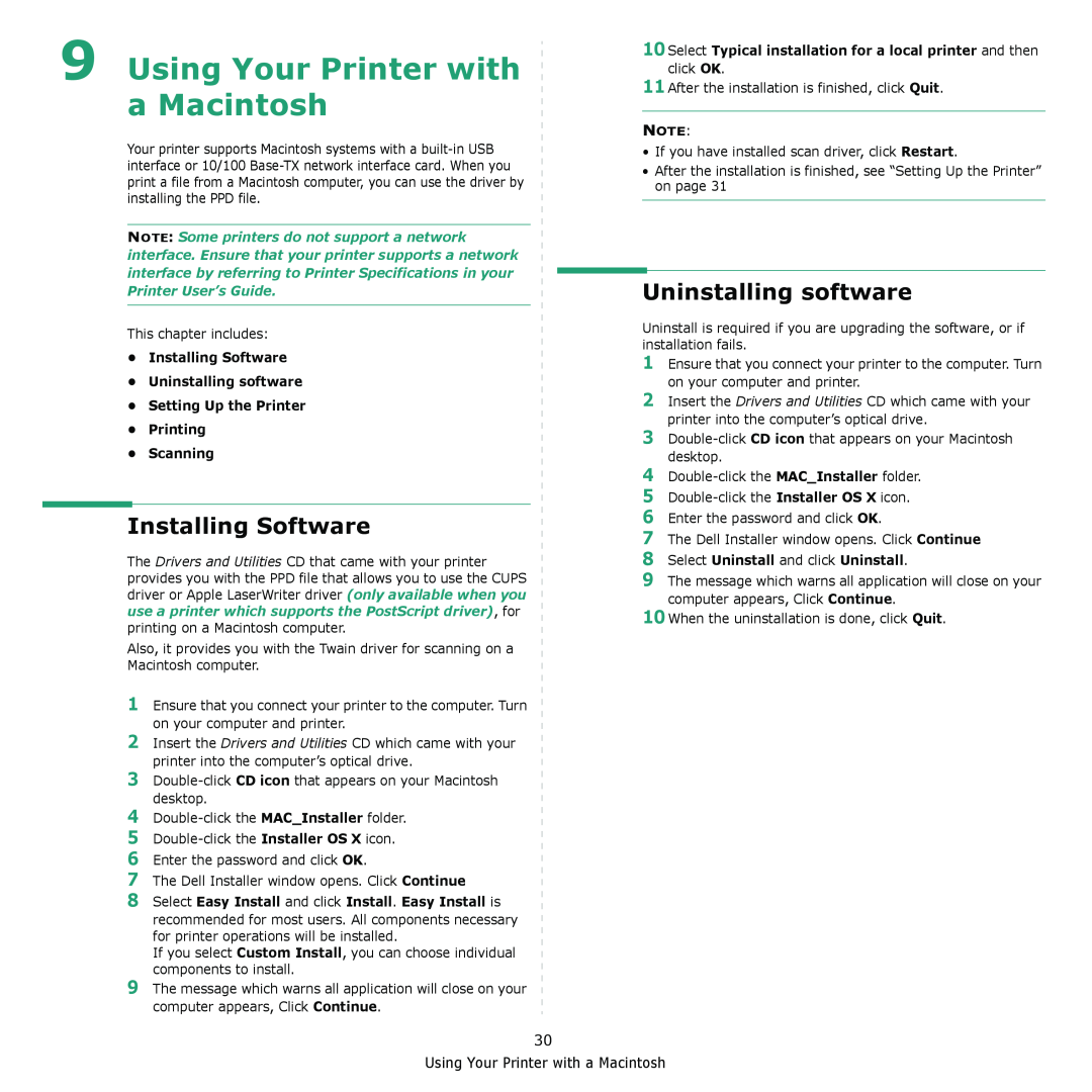 Dell 2145cn manual Using Your Printer with a Macintosh, Installing Software, Uninstalling software, Printing Scanning 