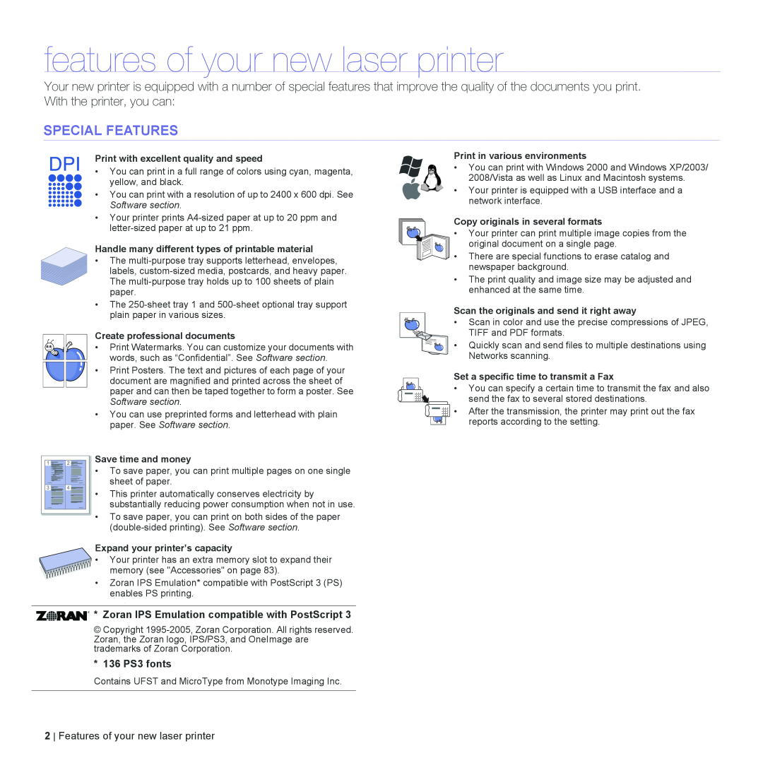 Dell 2145cn manual features of your new laser printer, Special Features, Zoran IPS Emulation compatible with PostScript 