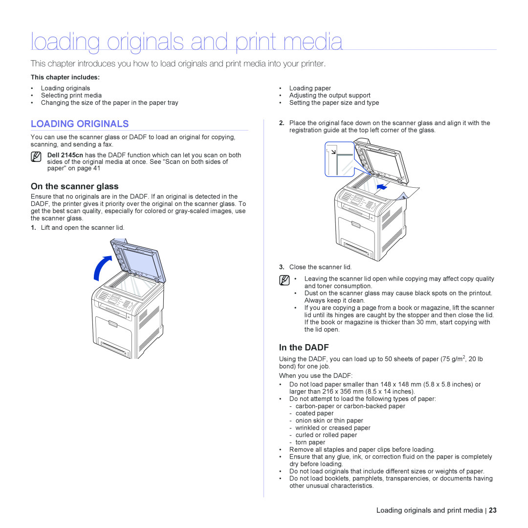 Dell 2145cn manual loading originals and print media, Loading Originals, On the scanner glass, In the DADF 