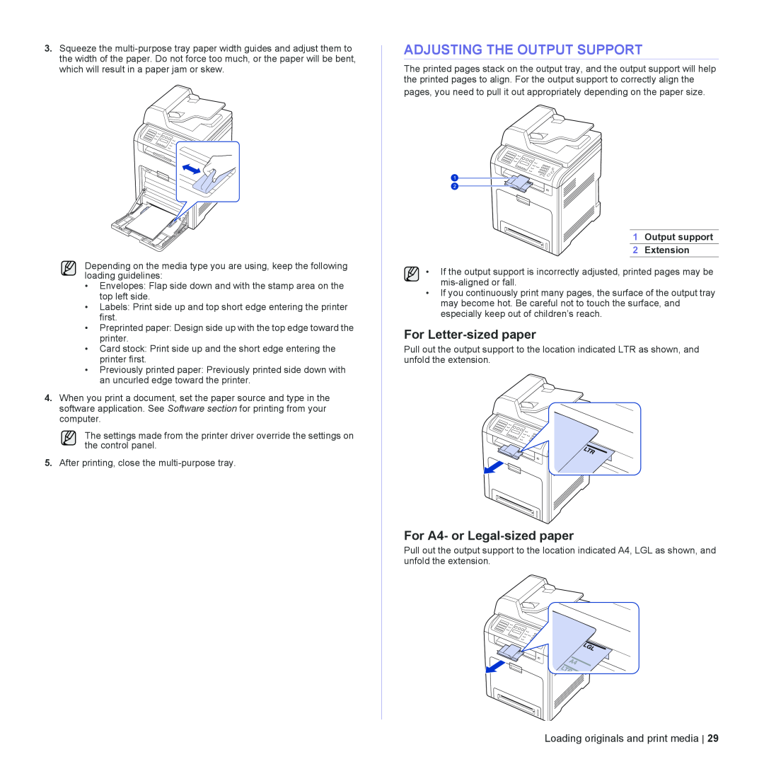 Dell 2145cn manual Adjusting The Output Support, For Letter-sized paper, For A4- or Legal-sized paper 