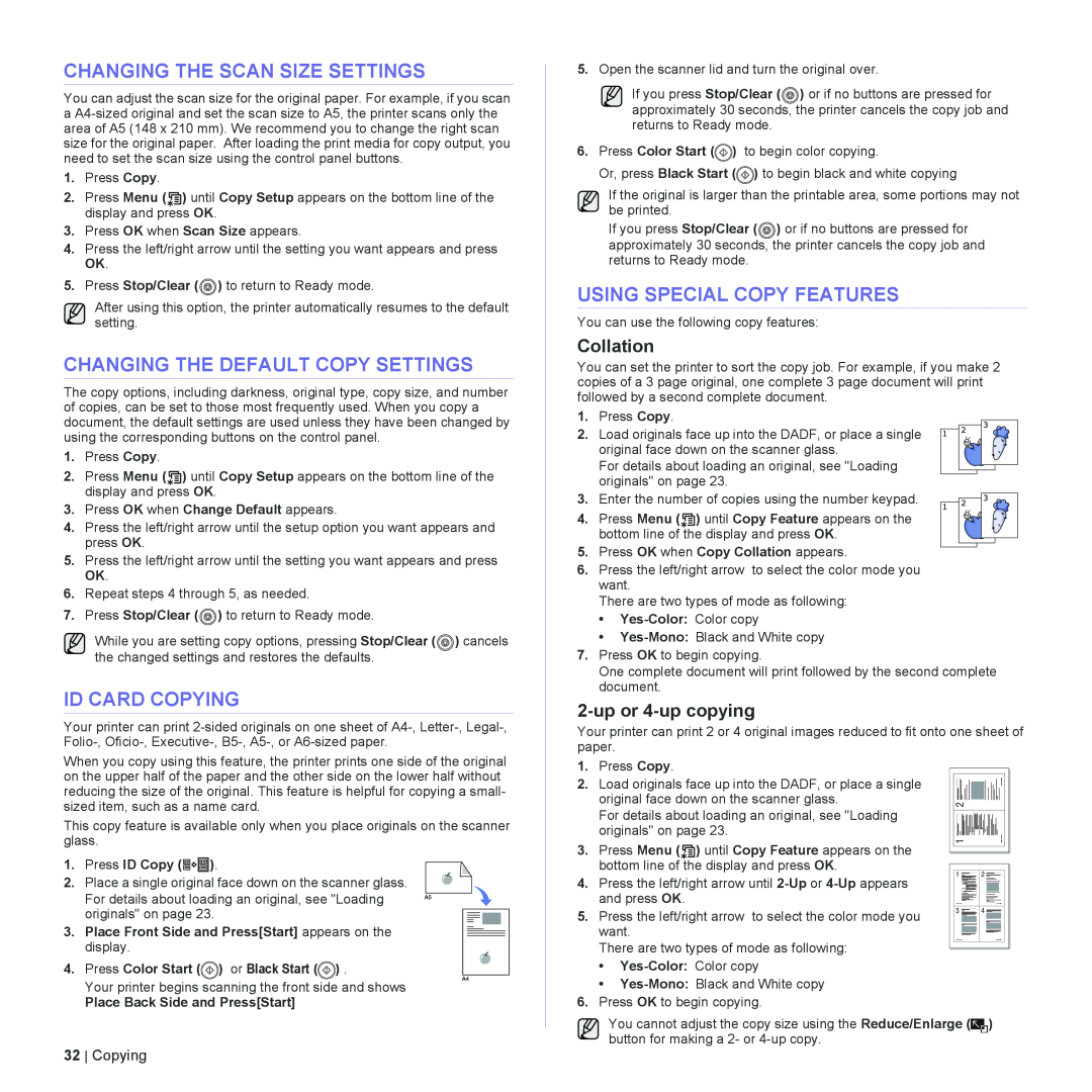 Dell 2145cn manual Changing The Scan Size Settings, Changing The Default Copy Settings, Id Card Copying, Collation 