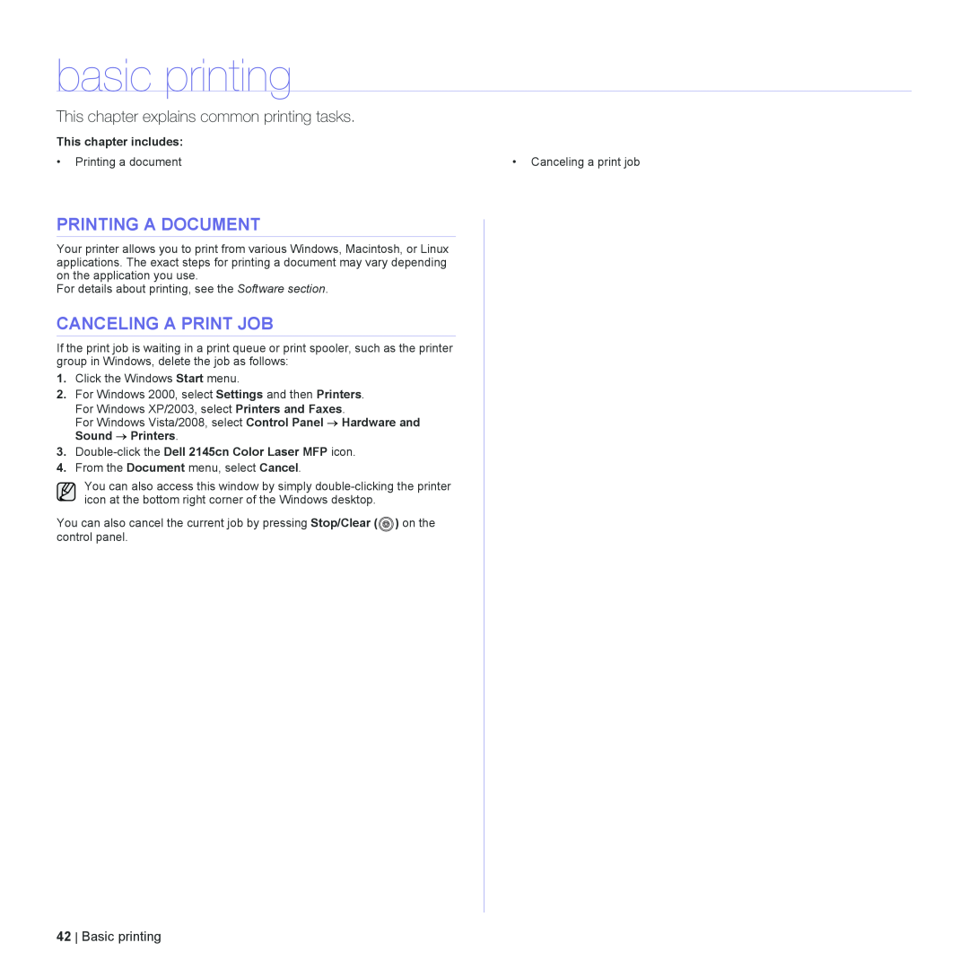 Dell 2145cn manual basic printing, Printing A Document, Canceling A Print Job, This chapter explains common printing tasks 