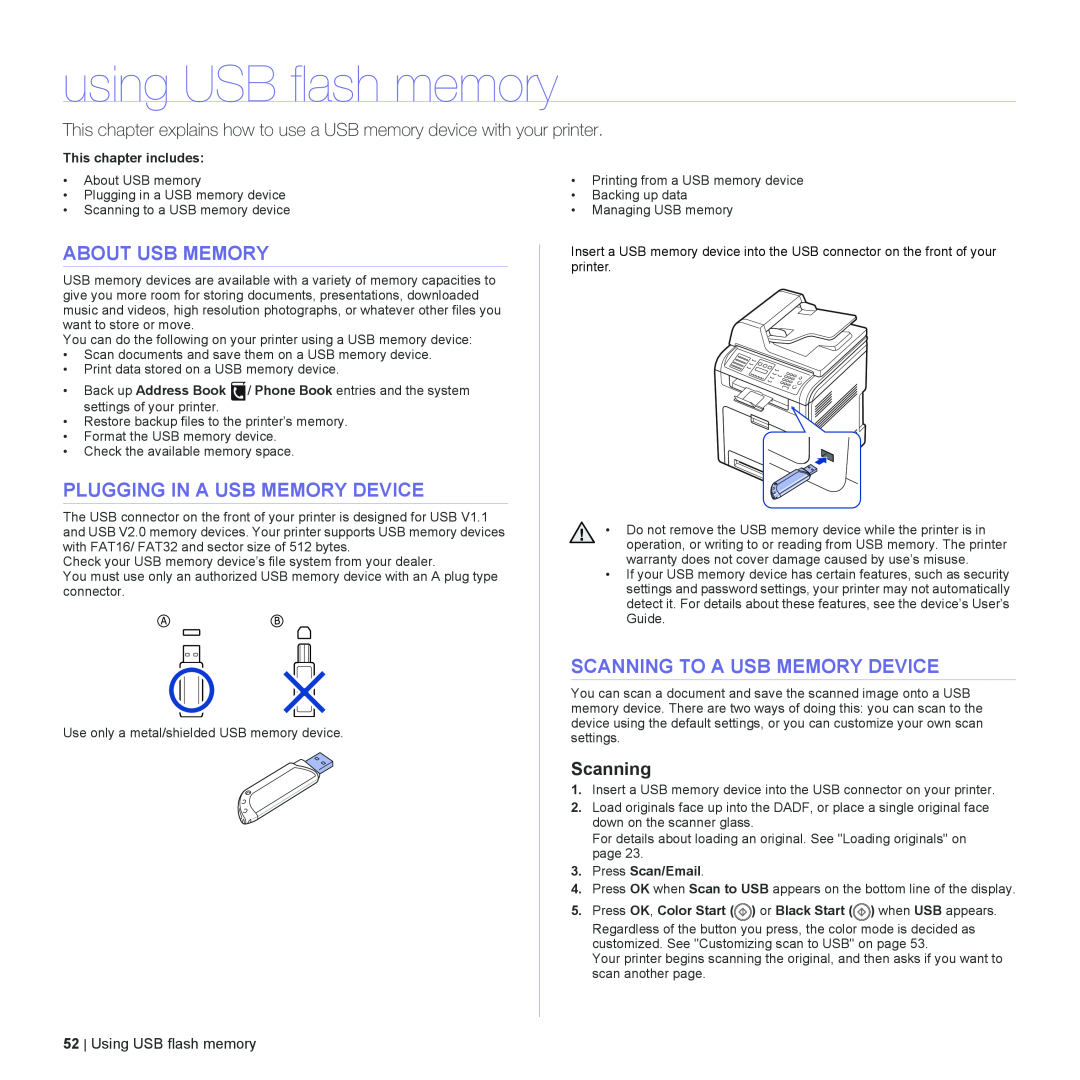 Dell 2145cn using USB flash memory, About Usb Memory, Plugging In A Usb Memory Device, Scanning To A Usb Memory Device 