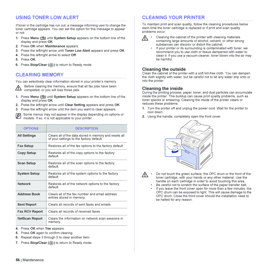 Dell 2145cn manual Using Toner Low Alert, Clearing Memory, Cleaning Your Printer, Cleaning the outside, Cleaning the inside 